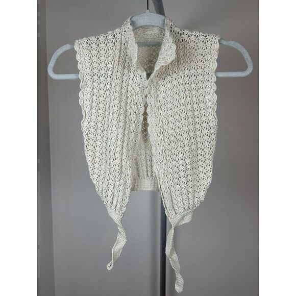 Vintage Knit Hand Knitted Crochet Tie Up Vest One Size Beige Ivory XS/S - Picture 2 of 4